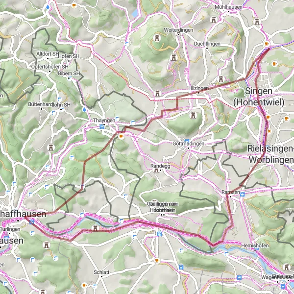 Zemljevid v pomanjšavi "Gravel Cycling Route from Schaffhausen to Langwiesen" kolesarske inspiracije v Ostschweiz, Switzerland. Generirano z načrtovalcem kolesarskih poti Tarmacs.app