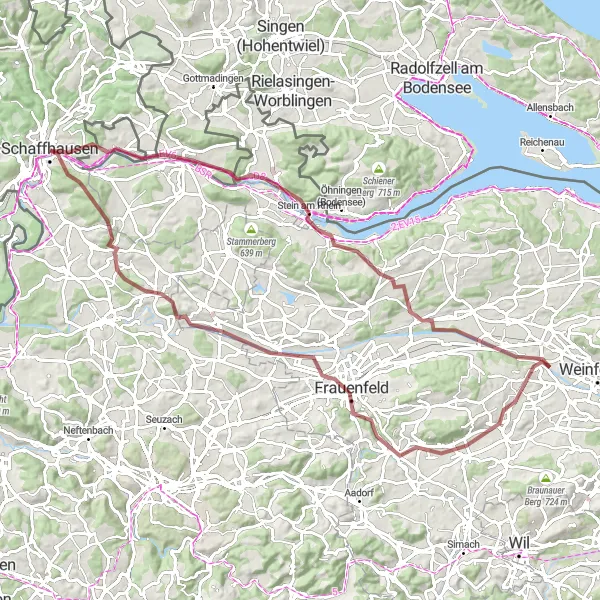 Karttaminiaatyyri "Gravelreitti Schaffhausenin lähistöllä" pyöräilyinspiraatiosta alueella Ostschweiz, Switzerland. Luotu Tarmacs.app pyöräilyreittisuunnittelijalla