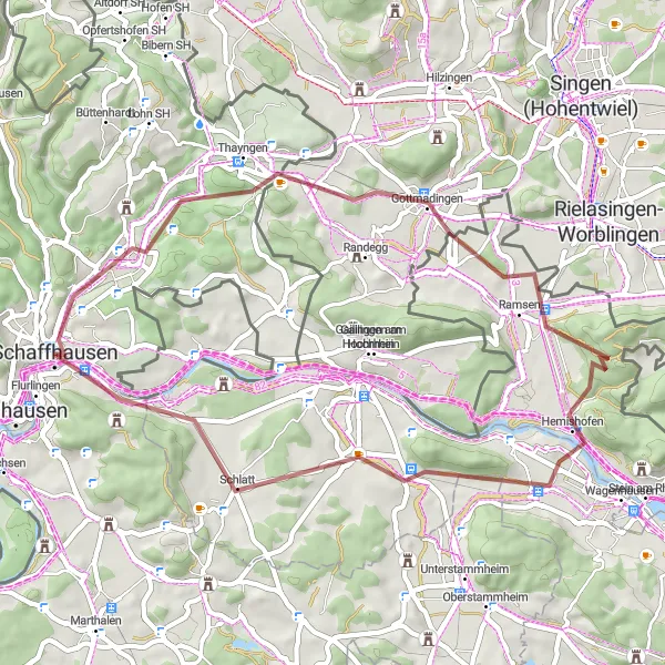 Zemljevid v pomanjšavi "Scenic Gravel Route from Schaffhausen to Cholfirst" kolesarske inspiracije v Ostschweiz, Switzerland. Generirano z načrtovalcem kolesarskih poti Tarmacs.app