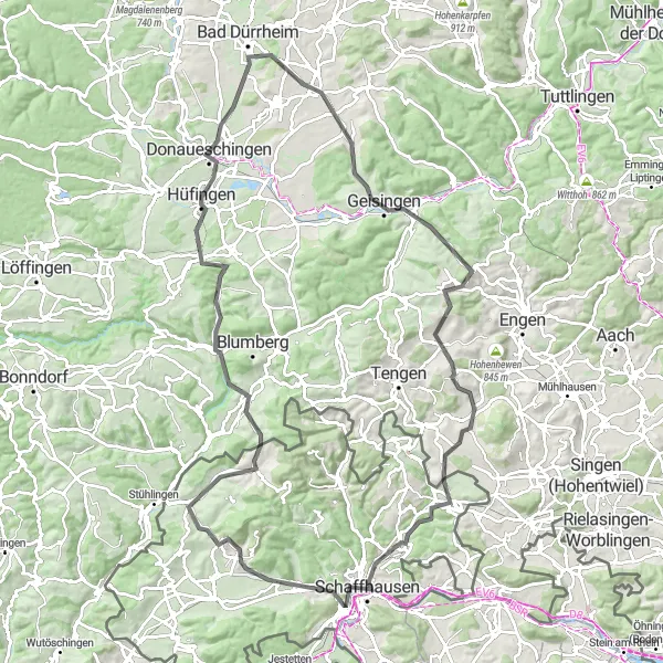 Mapa miniatúra "Okolo Schaffhausenu a Siblingen" cyklistická inšpirácia v Ostschweiz, Switzerland. Vygenerované cyklistickým plánovačom trás Tarmacs.app