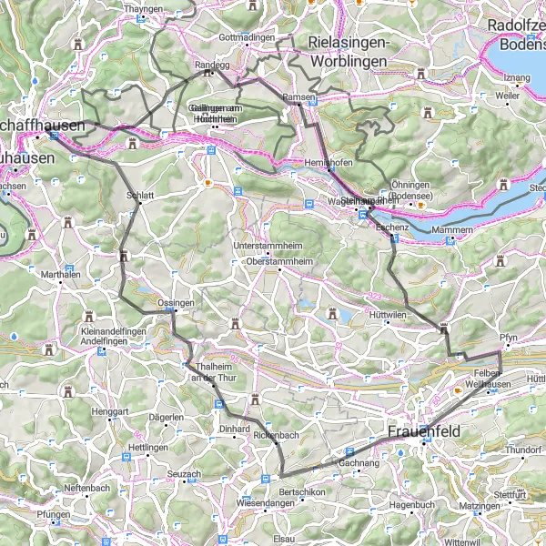 Kartminiatyr av "Opplev kulturelle høydepunkter på denne 77 km lange landeveien fra Schaffhausen" sykkelinspirasjon i Ostschweiz, Switzerland. Generert av Tarmacs.app sykkelrutoplanlegger