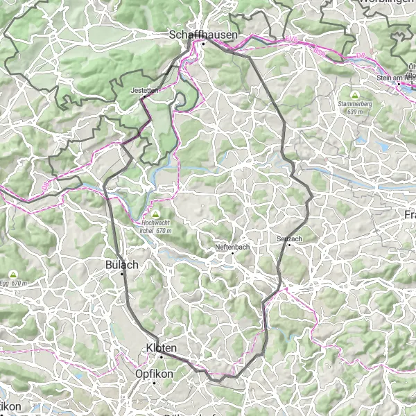 Miniaturekort af cykelinspirationen "Rute til Bülach via Frauenfeld" i Ostschweiz, Switzerland. Genereret af Tarmacs.app cykelruteplanlægger
