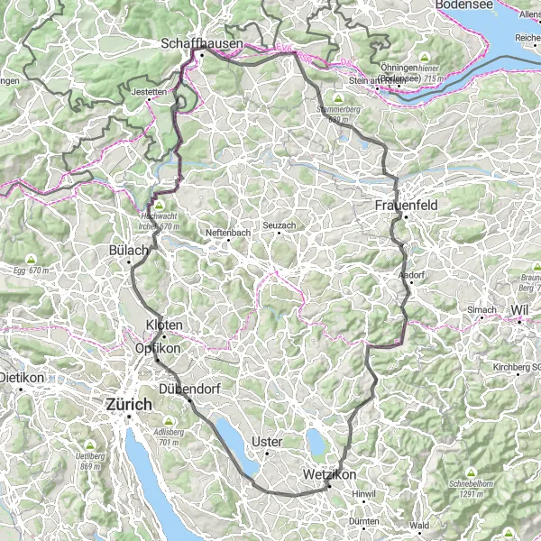 Miniatua del mapa de inspiración ciclista "Recorrido ciclista por carretera cerca de Schaffhausen" en Ostschweiz, Switzerland. Generado por Tarmacs.app planificador de rutas ciclistas