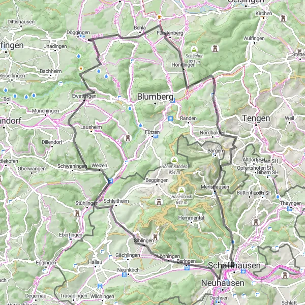Karttaminiaatyyri "Reitti Schaffhausenin läheltä" pyöräilyinspiraatiosta alueella Ostschweiz, Switzerland. Luotu Tarmacs.app pyöräilyreittisuunnittelijalla