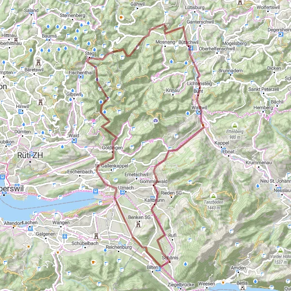 Mapa miniatúra "Gravel trasa Schänis - Gallusturm" cyklistická inšpirácia v Ostschweiz, Switzerland. Vygenerované cyklistickým plánovačom trás Tarmacs.app
