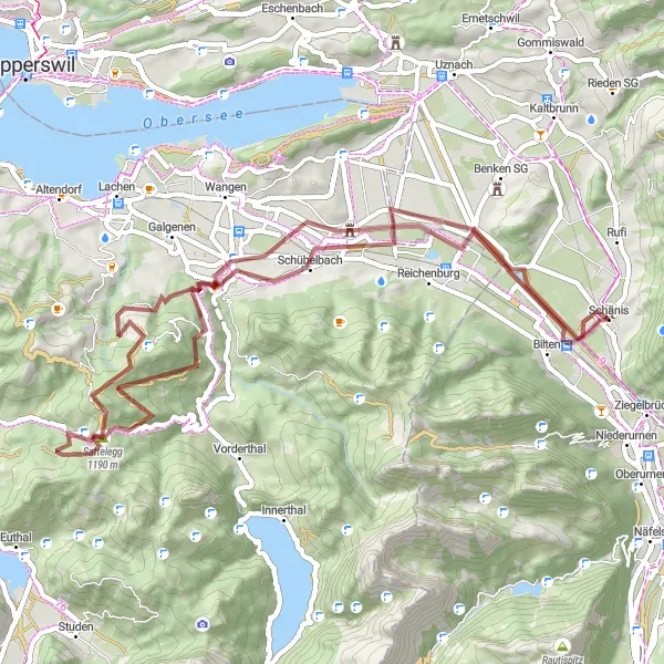 Miniaturní mapa "Gravel dobrodružství kolem Schänis" inspirace pro cyklisty v oblasti Ostschweiz, Switzerland. Vytvořeno pomocí plánovače tras Tarmacs.app