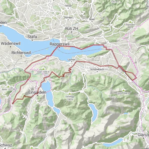 Karttaminiaatyyri "Schwyz Gravel Adventure" pyöräilyinspiraatiosta alueella Ostschweiz, Switzerland. Luotu Tarmacs.app pyöräilyreittisuunnittelijalla