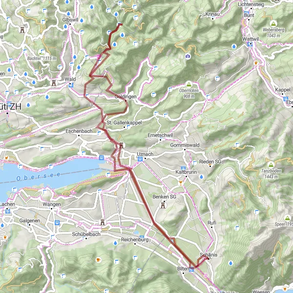 Miniature de la carte de l'inspiration cycliste "Boucle des chutes d'eau" dans la Ostschweiz, Switzerland. Générée par le planificateur d'itinéraire cycliste Tarmacs.app
