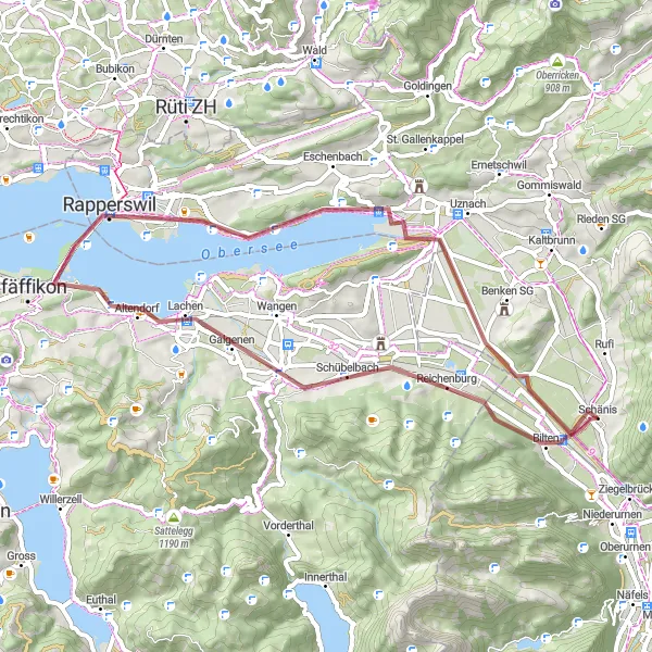 Miniaturekort af cykelinspirationen "Schübelbach til Gallusturm Grusvej Cykelrute" i Ostschweiz, Switzerland. Genereret af Tarmacs.app cykelruteplanlægger
