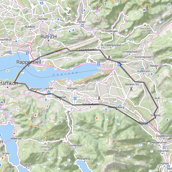 Karttaminiaatyyri "Galgenen - Lindenhof - Jona - Uznach - Gallusturm" pyöräilyinspiraatiosta alueella Ostschweiz, Switzerland. Luotu Tarmacs.app pyöräilyreittisuunnittelijalla