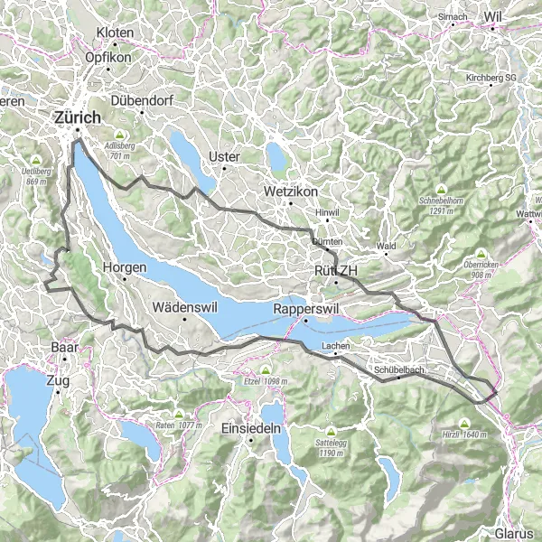 Map miniature of "The Lake Zurich Loop" cycling inspiration in Ostschweiz, Switzerland. Generated by Tarmacs.app cycling route planner
