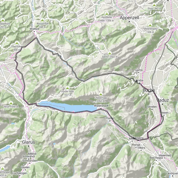 Kartminiatyr av "Kulturelle perler og naturlige underverk" sykkelinspirasjon i Ostschweiz, Switzerland. Generert av Tarmacs.app sykkelrutoplanlegger