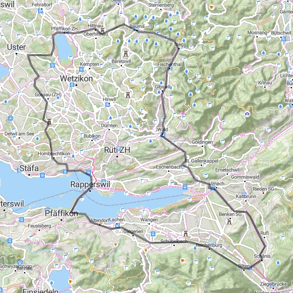Zemljevid v pomanjšavi "Potovanje skozi slikovite vasi Švice" kolesarske inspiracije v Ostschweiz, Switzerland. Generirano z načrtovalcem kolesarskih poti Tarmacs.app