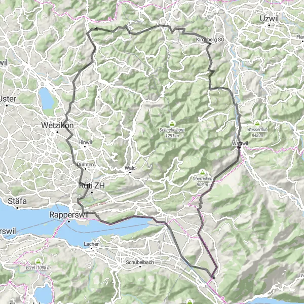 Map miniature of "Challenge of the Hills" cycling inspiration in Ostschweiz, Switzerland. Generated by Tarmacs.app cycling route planner
