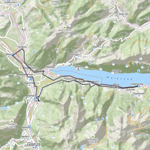 Miniaturní mapa "Scenic road trip through Ostschweiz" inspirace pro cyklisty v oblasti Ostschweiz, Switzerland. Vytvořeno pomocí plánovače tras Tarmacs.app
