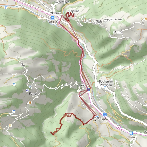 Miniatura della mappa di ispirazione al ciclismo "Percorso in bicicletta gravel da Schiers a Fajauna" nella regione di Ostschweiz, Switzerland. Generata da Tarmacs.app, pianificatore di rotte ciclistiche