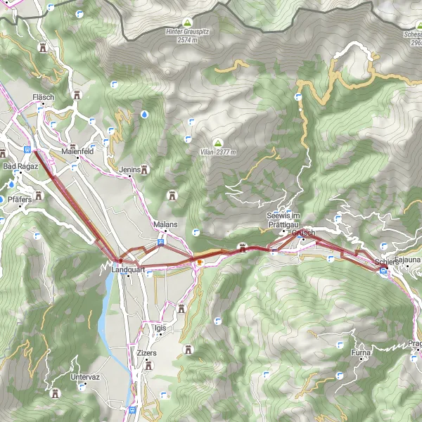 Mapa miniatúra "Gravel - Schiers loop via Crupspitz and Landquart" cyklistická inšpirácia v Ostschweiz, Switzerland. Vygenerované cyklistickým plánovačom trás Tarmacs.app