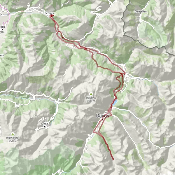Mapa miniatúra "Gravel - Schiers loop via Küblis and Wolfgangpass" cyklistická inšpirácia v Ostschweiz, Switzerland. Vygenerované cyklistickým plánovačom trás Tarmacs.app