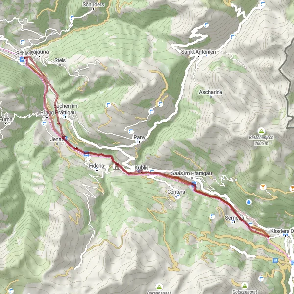 Kartminiatyr av "Utforsk Prättigau på Gravel" sykkelinspirasjon i Ostschweiz, Switzerland. Generert av Tarmacs.app sykkelrutoplanlegger