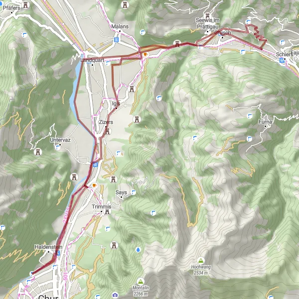 Mapa miniatúra "Gravel - Schiers loop via Crupspitz and Fanas" cyklistická inšpirácia v Ostschweiz, Switzerland. Vygenerované cyklistickým plánovačom trás Tarmacs.app