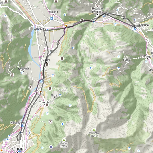 Miniatua del mapa de inspiración ciclista "Viaje Escénico de Schiers a Seewis im Prättigau" en Ostschweiz, Switzerland. Generado por Tarmacs.app planificador de rutas ciclistas