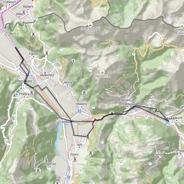 Miniaturní mapa "Okruh z Grüsch" inspirace pro cyklisty v oblasti Ostschweiz, Switzerland. Vytvořeno pomocí plánovače tras Tarmacs.app