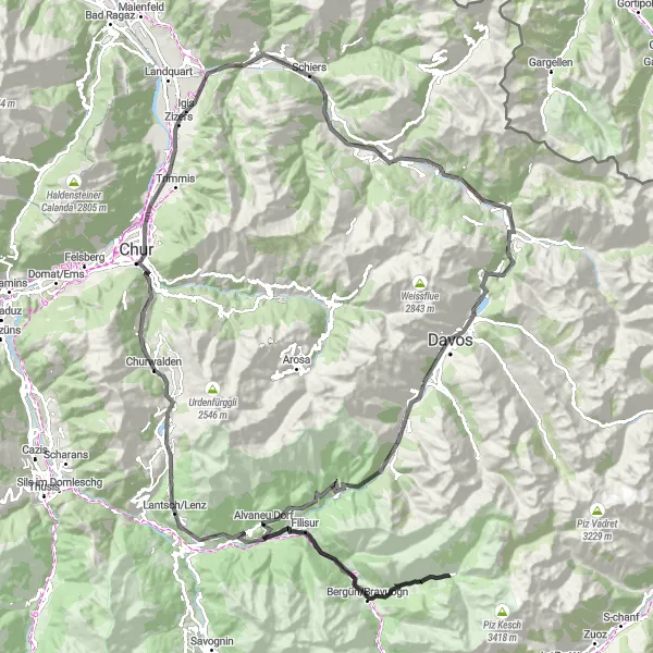 Miniaturní mapa "Pestrý okruh přes Jenaz a Bergün/Bravuogn" inspirace pro cyklisty v oblasti Ostschweiz, Switzerland. Vytvořeno pomocí plánovače tras Tarmacs.app