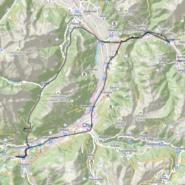 Map miniature of "Schiers Discovery" cycling inspiration in Ostschweiz, Switzerland. Generated by Tarmacs.app cycling route planner