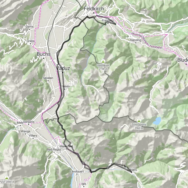Mapa miniatúra "Road - Schiers loop via Haupt and Burg Gutenberg" cyklistická inšpirácia v Ostschweiz, Switzerland. Vygenerované cyklistickým plánovačom trás Tarmacs.app