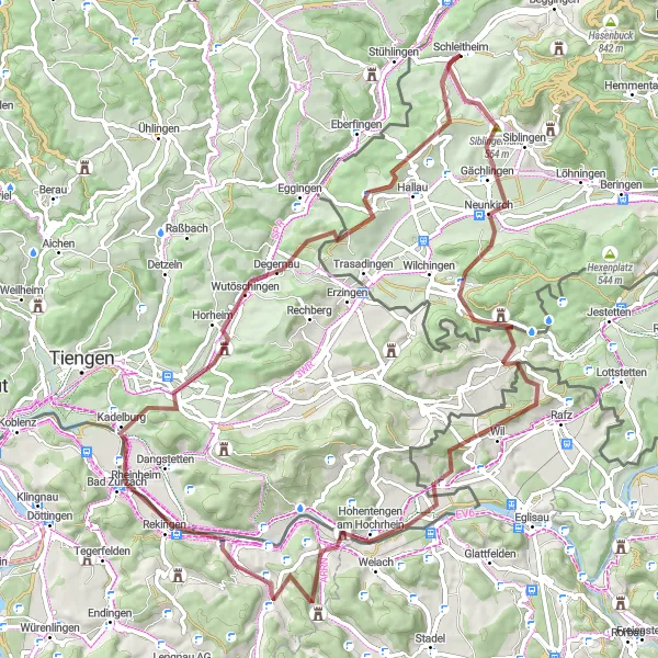 Miniatua del mapa de inspiración ciclista "Ruta de Grava Schleitheim-Belchen-Wutöschingen" en Ostschweiz, Switzerland. Generado por Tarmacs.app planificador de rutas ciclistas