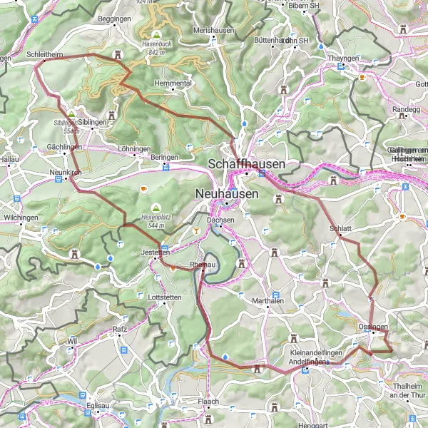 Miniaturekort af cykelinspirationen "Grusvejscykelrute til Schaffhausen og Jestetten" i Ostschweiz, Switzerland. Genereret af Tarmacs.app cykelruteplanlægger