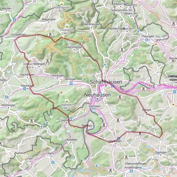 Kartminiatyr av "Grusvei eventyr fra Schleitheim til Rheinau" sykkelinspirasjon i Ostschweiz, Switzerland. Generert av Tarmacs.app sykkelrutoplanlegger