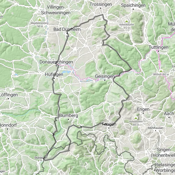 Miniatuurkaart van de fietsinspiratie "Donaueschingen Road Route" in Ostschweiz, Switzerland. Gemaakt door de Tarmacs.app fietsrouteplanner
