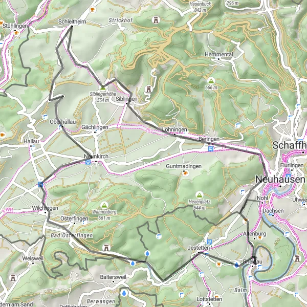 Miniatua del mapa de inspiración ciclista "Ruta en Carretera Schleitheim-Wilchingen-Belvedere" en Ostschweiz, Switzerland. Generado por Tarmacs.app planificador de rutas ciclistas