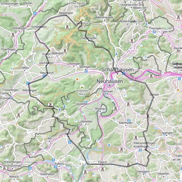 Karttaminiaatyyri "Gravel-pyöräilyreitti Schleitheimin lähistöllä" pyöräilyinspiraatiosta alueella Ostschweiz, Switzerland. Luotu Tarmacs.app pyöräilyreittisuunnittelijalla