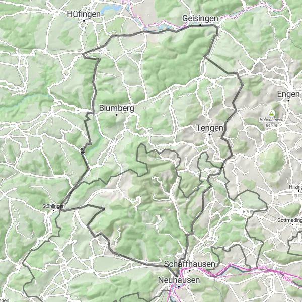 Miniatua del mapa de inspiración ciclista "Paseo en Carretera por los Rhine Falls y Belvedere" en Ostschweiz, Switzerland. Generado por Tarmacs.app planificador de rutas ciclistas