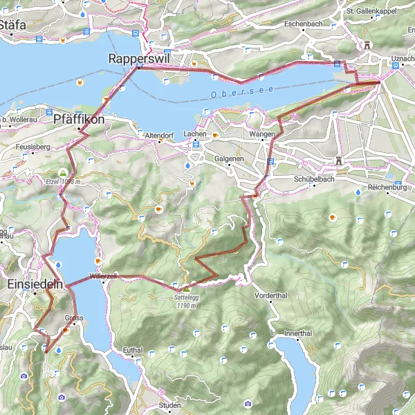 Miniatua del mapa de inspiración ciclista "Ruta de montaña de Schmerikon a Jona y vuelta" en Ostschweiz, Switzerland. Generado por Tarmacs.app planificador de rutas ciclistas