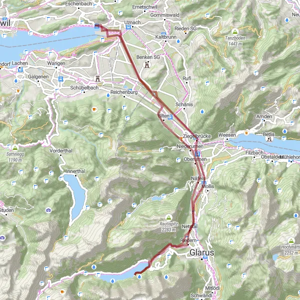 Karttaminiaatyyri "Riedern - Schloss Grynau - Obersee - Radweg" pyöräilyinspiraatiosta alueella Ostschweiz, Switzerland. Luotu Tarmacs.app pyöräilyreittisuunnittelijalla