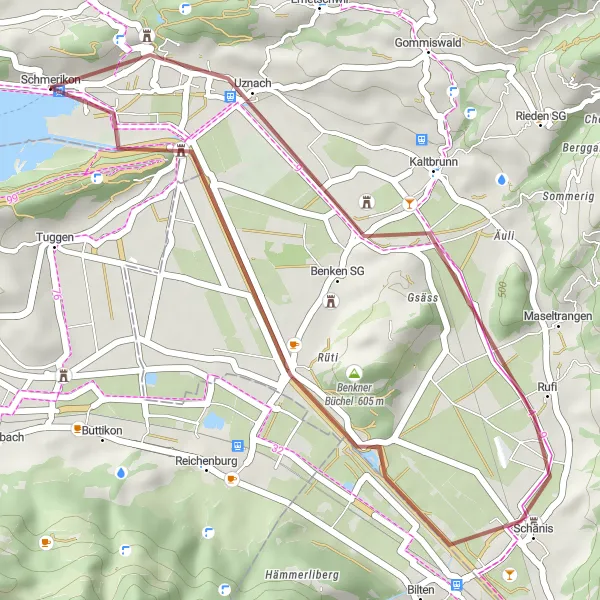 Karttaminiaatyyri "Schänisin kierros" pyöräilyinspiraatiosta alueella Ostschweiz, Switzerland. Luotu Tarmacs.app pyöräilyreittisuunnittelijalla