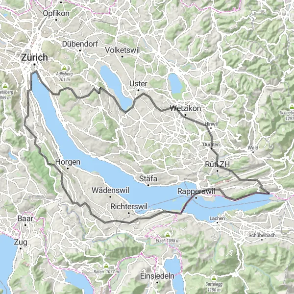 Miniaturekort af cykelinspirationen "Landevejscykelrute til Zurich og Lindenhof" i Ostschweiz, Switzerland. Genereret af Tarmacs.app cykelruteplanlægger