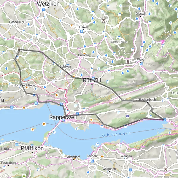 Miniaturekort af cykelinspirationen "Landevejscykelrute til Rüti ZH og Grüningen" i Ostschweiz, Switzerland. Genereret af Tarmacs.app cykelruteplanlægger