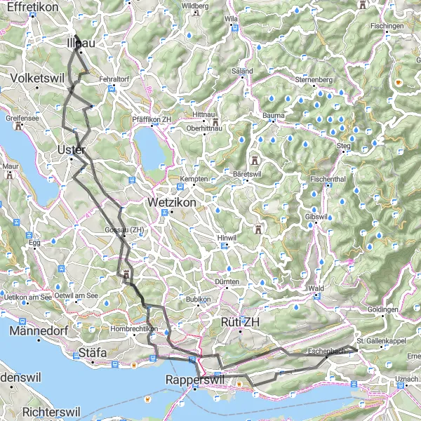 Map miniature of "The Zurich Lake Loop" cycling inspiration in Ostschweiz, Switzerland. Generated by Tarmacs.app cycling route planner