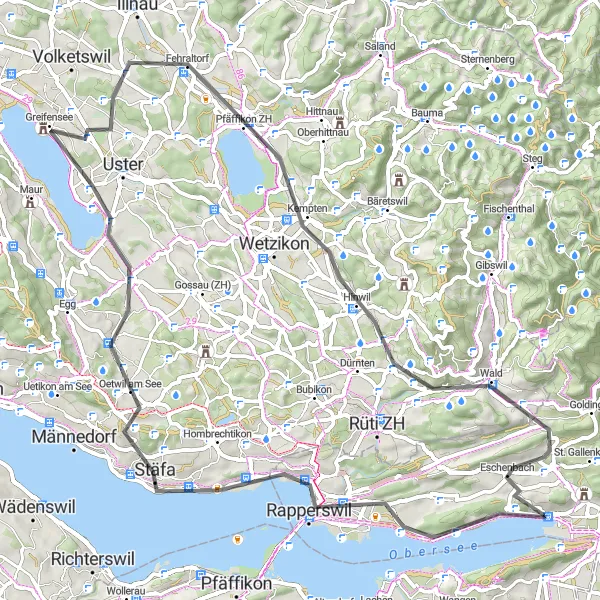 Zemljevid v pomanjšavi "Kolesarjenje od Schmerikona do Hinwila in nazaj" kolesarske inspiracije v Ostschweiz, Switzerland. Generirano z načrtovalcem kolesarskih poti Tarmacs.app