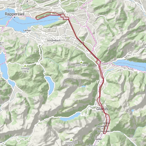 Map miniature of "Glarus Gravel Explorer" cycling inspiration in Ostschweiz, Switzerland. Generated by Tarmacs.app cycling route planner
