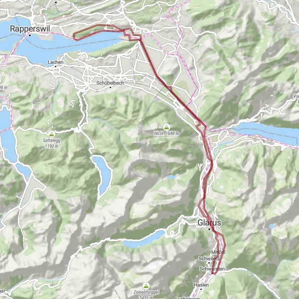 Miniaturní mapa "Trasa na štěrkovém kole v okolí Schwanden" inspirace pro cyklisty v oblasti Ostschweiz, Switzerland. Vytvořeno pomocí plánovače tras Tarmacs.app