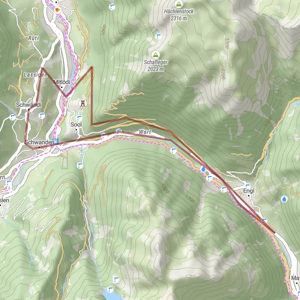 Miniatua del mapa de inspiración ciclista "Ruta de ciclismo de grava Mitlödi - Engi - Schwanden" en Ostschweiz, Switzerland. Generado por Tarmacs.app planificador de rutas ciclistas