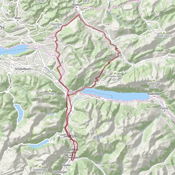 Miniatua del mapa de inspiración ciclista "Ruta de ciclismo de grava Schwanden - Amden - Näfels" en Ostschweiz, Switzerland. Generado por Tarmacs.app planificador de rutas ciclistas