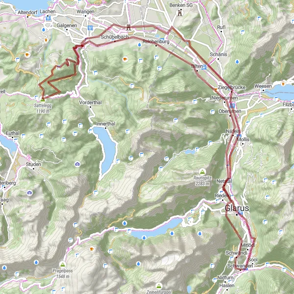 Map miniature of "Gravel Thrills in Schwanden" cycling inspiration in Ostschweiz, Switzerland. Generated by Tarmacs.app cycling route planner