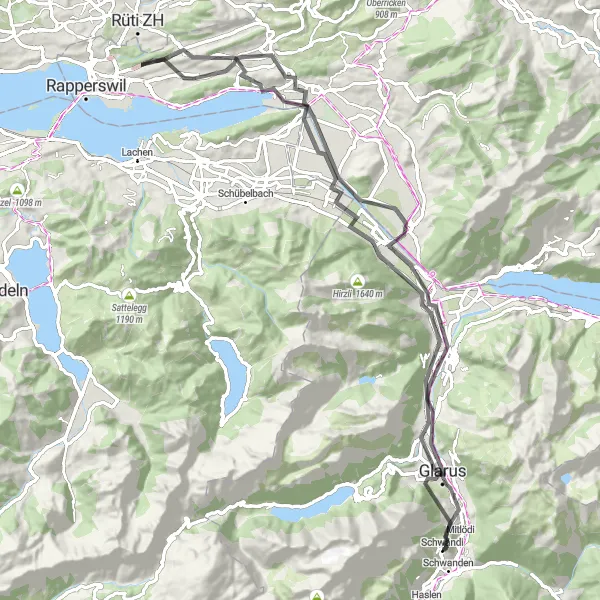 Map miniature of "Cycling through Glarus" cycling inspiration in Ostschweiz, Switzerland. Generated by Tarmacs.app cycling route planner