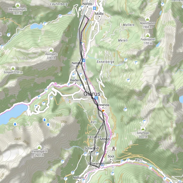 Mapa miniatúra "Näfels - Glarus - Schwanden" cyklistická inšpirácia v Ostschweiz, Switzerland. Vygenerované cyklistickým plánovačom trás Tarmacs.app